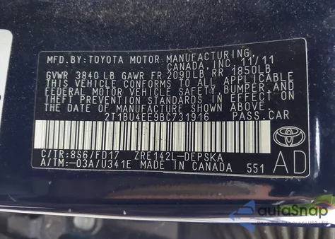 2011 Toyota Corolla S из США, поврежденный, VIN 2T1BU4EE9BC731916